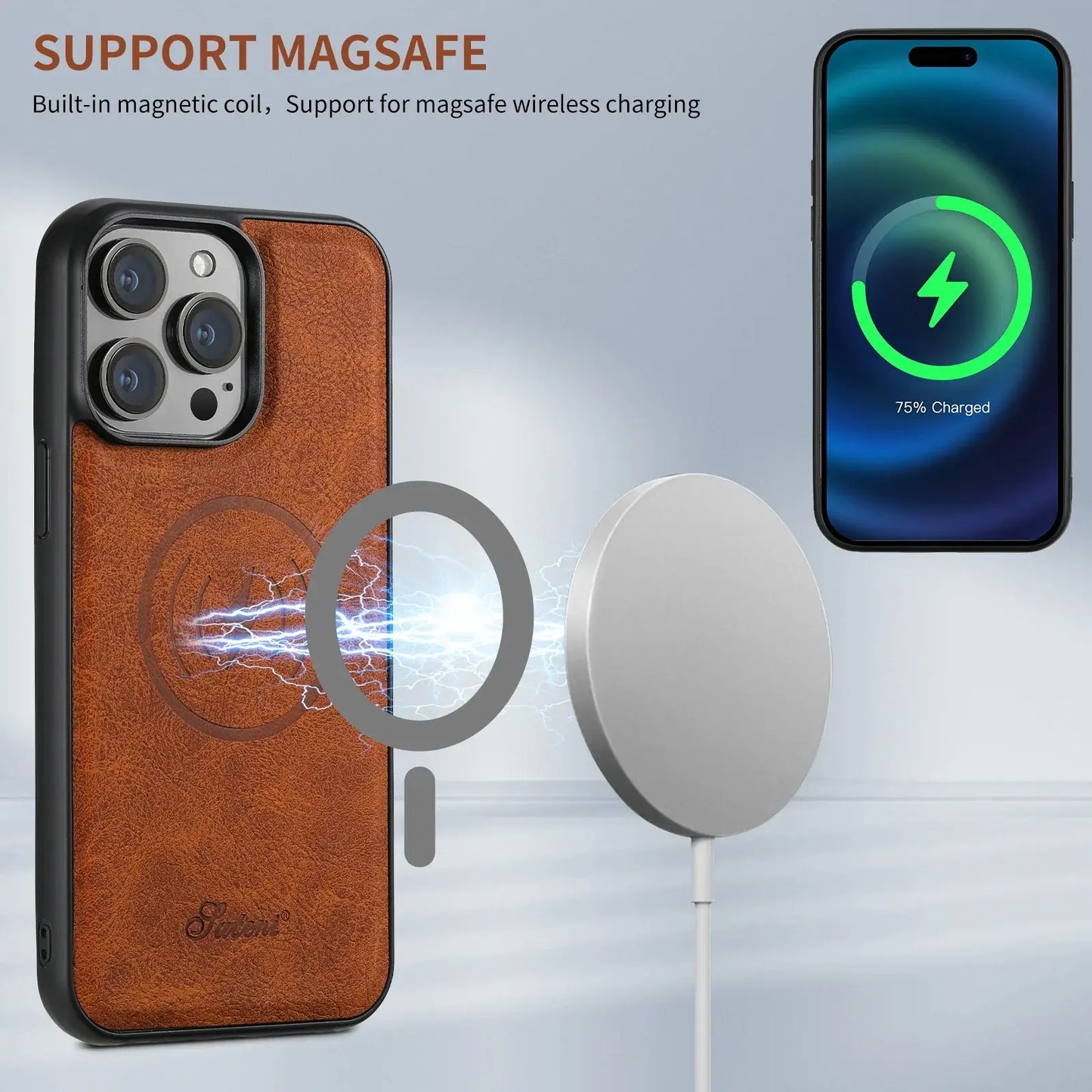 SUTENI Detachable Card Holder Leather Magnetic Pocket Cover Wallet Phone Case For iPhone X XS XR 11 12 13 14 15 16 Pro Max Plus