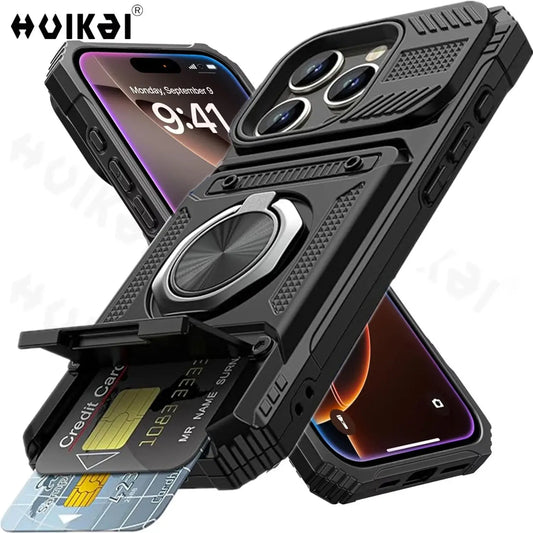 Case For iPhone 16 Pro Max 15 Pro 15 Pro Max 14 Card Holder Magnetic Rotated Ring Kickstand Layer Heavy Shockproof Wallet Covers